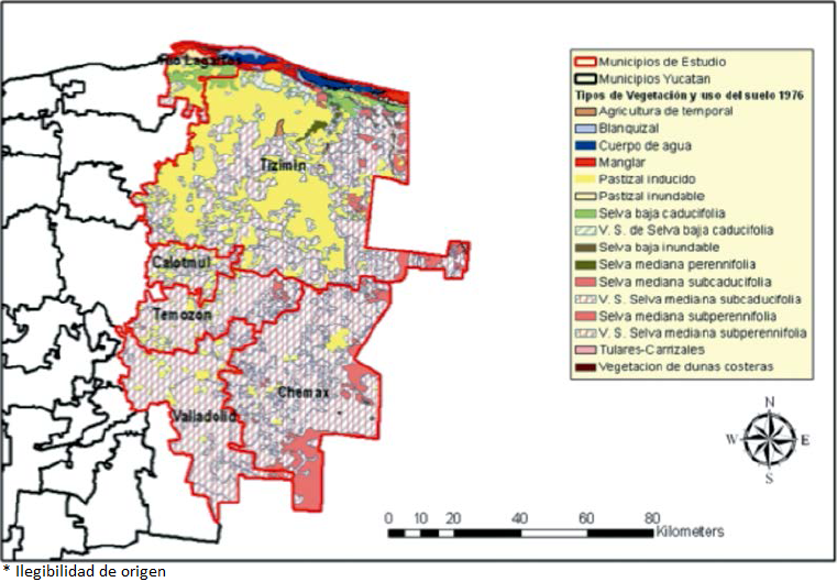 Tipos de vegetación y uso del suelo de los sitios de estudio en 1976. Elaboración propia.