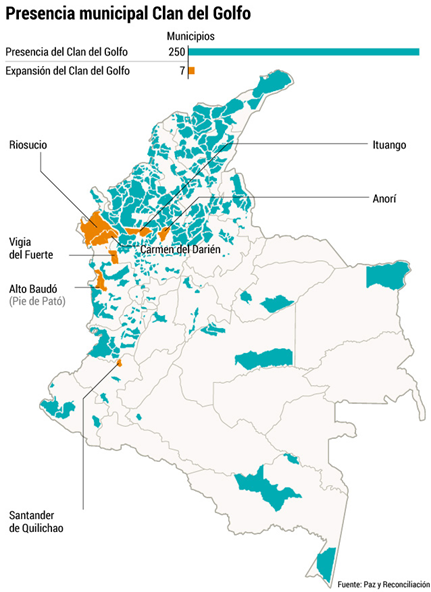 Presencia de las Autodefensas Gaitanistas de Colombia septiembre 2017