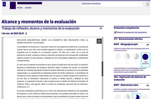 Visualizaci�n parcial de la herramienta para la autoevaluaci�n competencial: a izquierda se muestran las evidencias de aprendizaje, y a derecha la autoevaluaci�n del estudiantado (recuadro en azul claro) y la evaluaci�n del profesorado (c�rculo en azul marino)