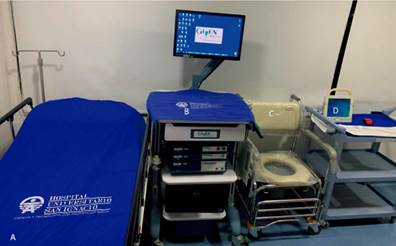 Laboratorio de motilidad gastrointestinal. A. Camilla de procedimiento. B. ManoScan Medtronic, Given Imaging. Sistema de manometría de alta resolución. C. Silla de simulación defecatoria. D. Biofeedback Cybermed