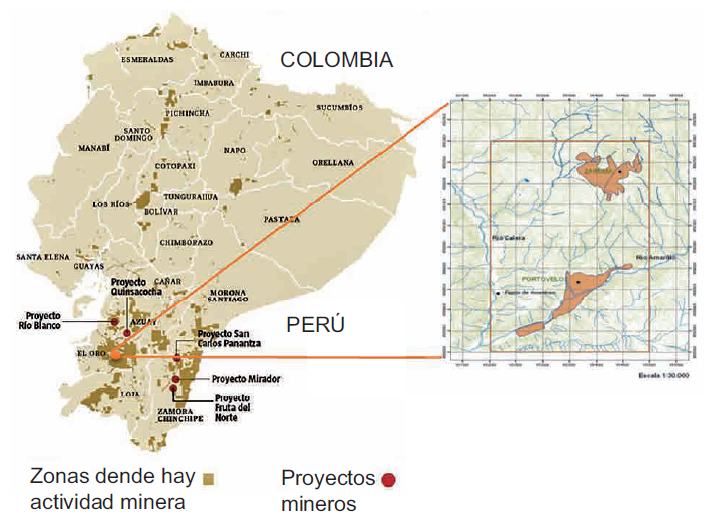 Mapa de las &aacute;reas mineras del Ecuador y detalle del sitio de recolecci&oacute;n: r&iacute;o Calera, Cant&oacute;n Portovelo, Provincia de El Oro
