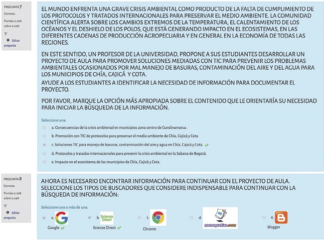 – Preguntas 7 y 8 de la Dimensión Informacional, Estándar 1.1: el estudiante accede a la información, Indicador 1.1.1: el estudiante identifica la necesidad de información. Indicador 1.1.2: el estudiante reconoce el proceso de búsqueda de información