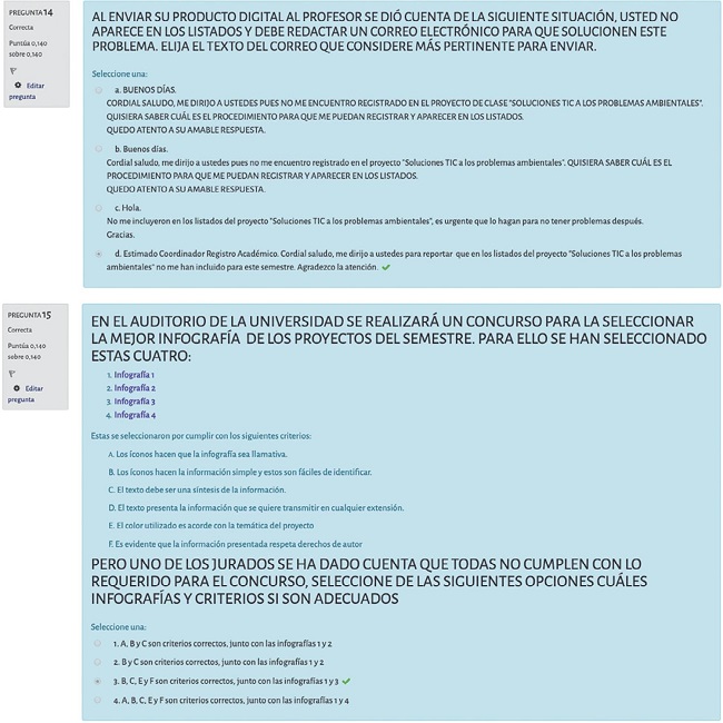 – Preguntas 14 y 15 de la Dimensión Comunicativa, Estándar 2.1: el estudiante identifica protocolos sociales en un ambiente digital, Indicador 2.1.1: el estudiante reconoce reglas y normas sociales para comunicar a través de medios digitales e Indicador 2.1.2: el estudiante identifica diferentes lenguajes para transmitir información en un medio digital