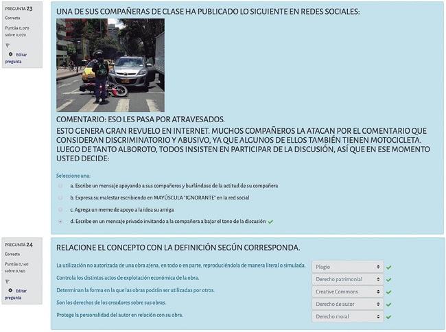 – Preguntas 23 y 24 de la Dimensión Ciudadanía Digital, Estándar 3.2: el estudiante analiza riesgos y aplica estrategia de protección personal en la web, y Estándar 3.3: el estudiante ejerce su ciudadanía digital bajo una postura de respeto a la propiedad intelectual