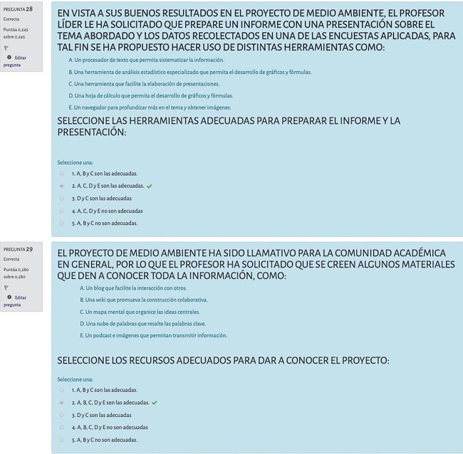 – Preguntas 28 y 29 de la Dimensión Tecnológica, Estándar 4.1: el estudiante reconoce el uso de las TIC en actividades personales y procesos académicos, y Estándar 4.2: el estudiante integra las TIC al campo educativo para facilitar su aprendizaje
