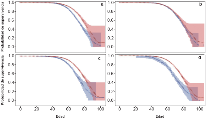 Curvas de supervivencia de Kaplan-Meier con bandas de confianza de 95 % de Hall-Wellner. En azul se observan pacientes con complicaci&oacute;n y en rojo pacientes sin complicaci&oacute;n: (a) diabetes, (b) hipertensi&oacute;n, (c) obesidad y (d) enfermedad renal cr&oacute;nica.