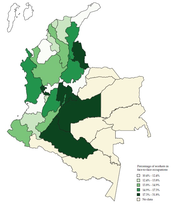 Share of workers in face-to-face occupations by region.