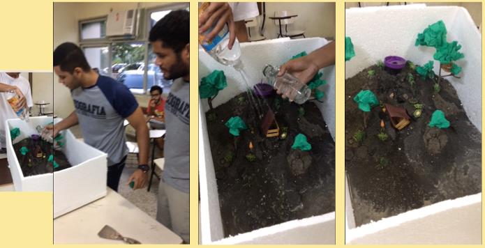 Figura 1 &ndash;  Maquete ilustrativa de risco de deslizamento
de encosta, reproduzindo a situa&ccedil;&atilde;o de risco geomorfol&oacute;gico identificada no
trabalho de campo aut&ocirc;nomo em uma resid&ecirc;ncia no bairro de Ieda, S&atilde;o Gon&ccedil;alo
(RJ).