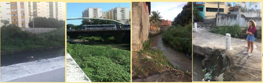 Figura 2 &ndash;  Imagens de obst&aacute;culos e restri&ccedil;&otilde;es &agrave; drenagem
fluvial sobre o rio Alc&acirc;ntara e canais fluviais urbanos pr&oacute;ximos ao centro de
S&atilde;o Gon&ccedil;alo (RJ):