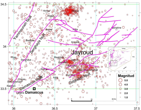 Detailed epicenters map of the seismic activity observed in Damascus region during the period 1995-2012.