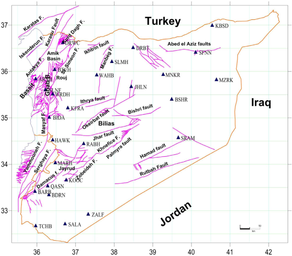 Map showing geographical distribution of the Syrian National Seismological Network (▲) and the principal faults. Fault geometry is summarized from Brew et al. (2001). Abbreviations: fault (F.), basin (B.).