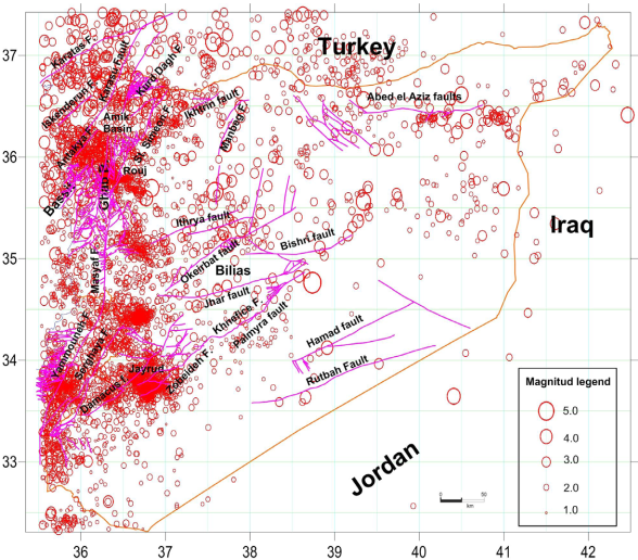 Earthquake activity in Syria and nearby countries recorded by Syrian National Seismological Network from 1995 to 2012.