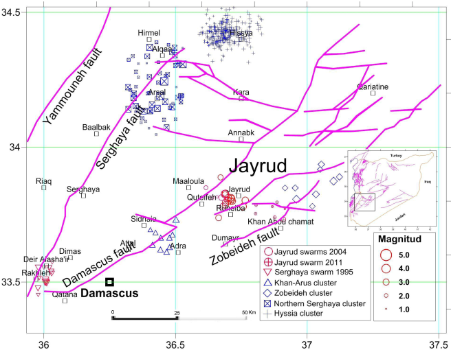 Detailed epicenters map of some important seismic activities observed in Damascus region.