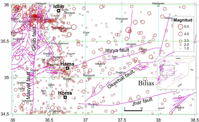 Detailed epicenters map of the seismic activity recorded in central part of Syria.