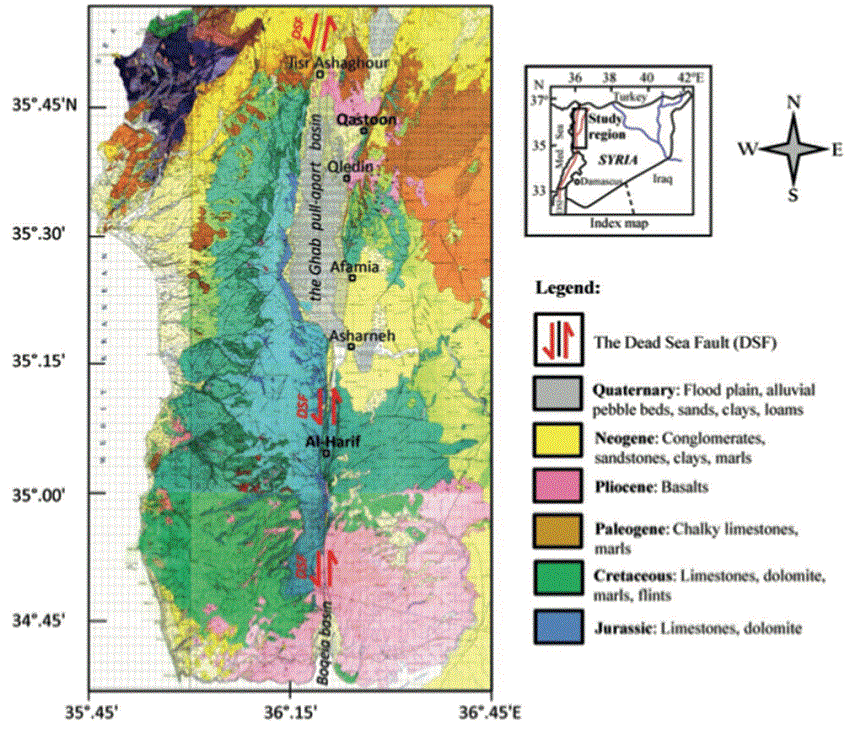 Geological map of western Syria showing the locations of the radon measurement sites at the Qastoon and the Al Harif faults.