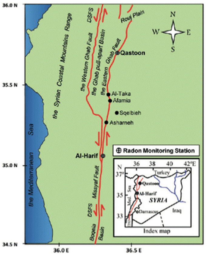 Tectonic map of western Syria showing the general trend of the northern Dead Sea Fault System (DSFS), including the Missyaf, Al-Harif, Qastoon and the Ghab faults.