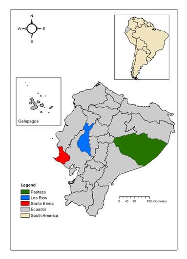 Sampling sites and number of human samples collected. Santa Elena Province-Manglaralto (N=496), Los R&iacute;os Province-Vinces (N=474), and Pastaza Province-Puyo (N=872: 293 civilians and 579 conscripts) 