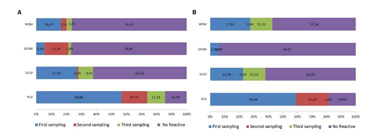 Percentage of conscripts developing IgG Abs against YFV and other selected flaviviruses during the year after being vaccinated with YFV- 17D. Two groups of conscripts (a and b) from the Amazonian Military Fort &ldquo;Selva Pastaza 17&rdquo; were sampled and analyzed for the mentioned virus at three different times of the year. The percentage of conscripts with Abs against YFV increased with time. Method used, ELISA. WNV: West Nile virus; DENV: Dengue virus, SLEV: Saint Louis encephalitis virus, YFV: Yellow fever virus. a) First group of conscripts. b) Second group of conscripts. Each bar shows the increasing percentage of Abs for each virus during the three sampling periods.